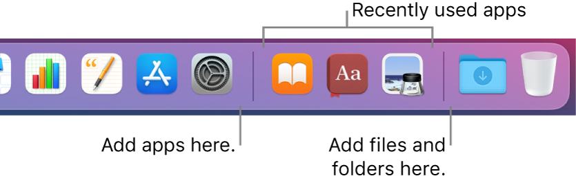 The right end of the Dock showing the separator lines preceding and following the recently used apps section.