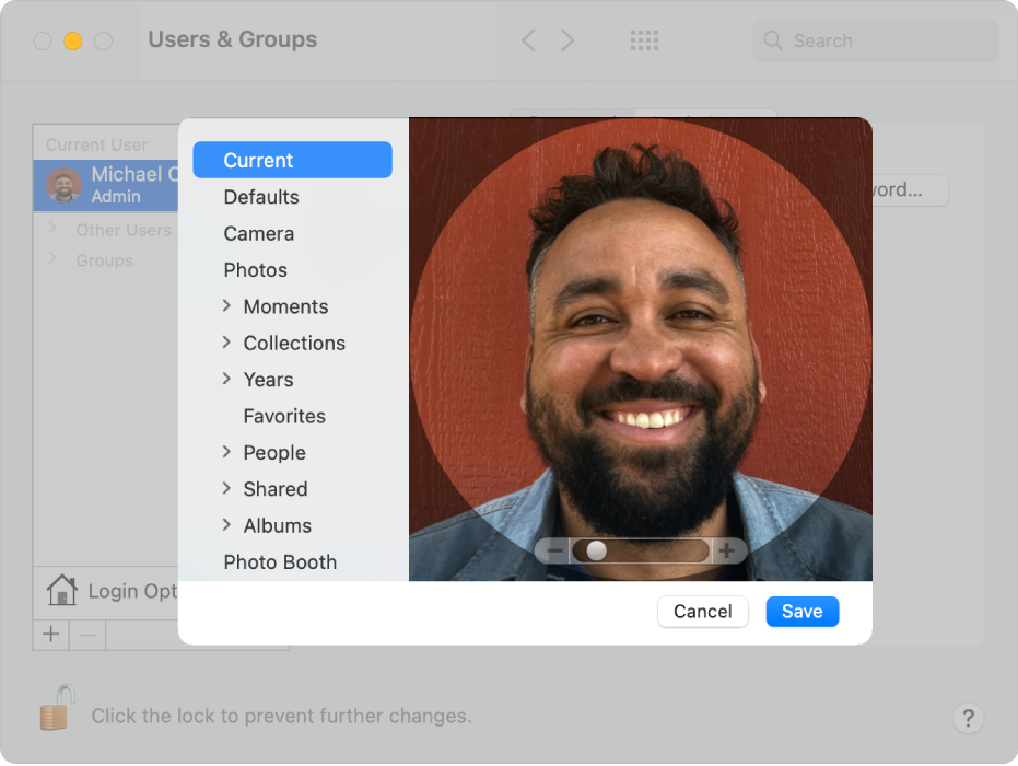 The editing options for selecting a picture for the user account. On the left is a list of possible picture sources, including Defaults, Camera, and Photos.