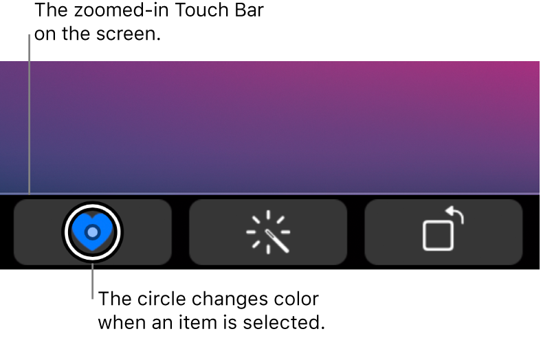 The zoomed-in Touch Bar along the bottom of the screen; the circle over a button changes when the button is selected.