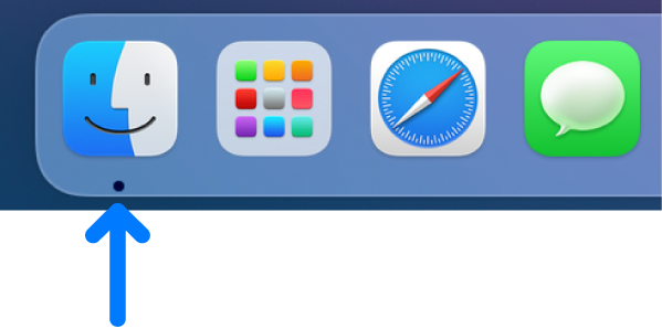 A blue arrow pointing to the Finder icon at the left side of the Dock.