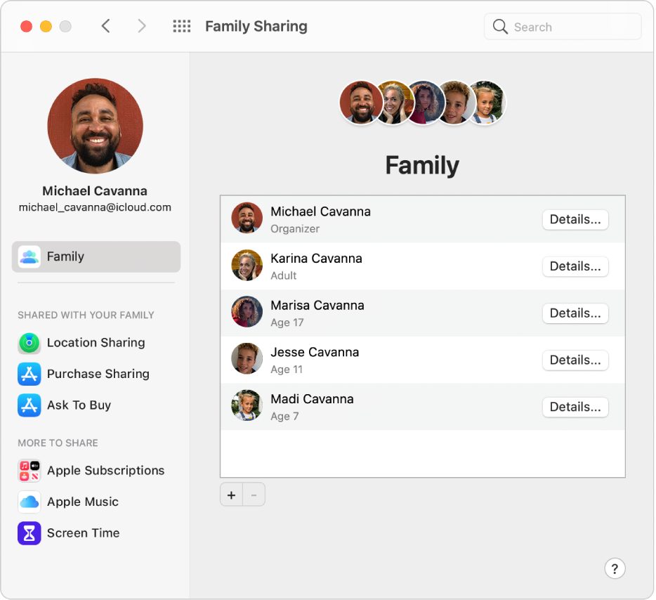 Family Sharing preferences showing a sidebar of different types of account options you can use and the Family preferences for an existing account.