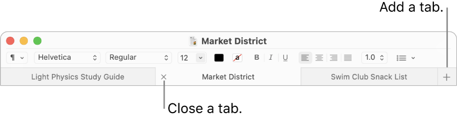 A TextEdit window with three tabs in the tab bar, located below the formatting bar. One tab shows the Close button. The Add button is located at the right end of the tab bar.