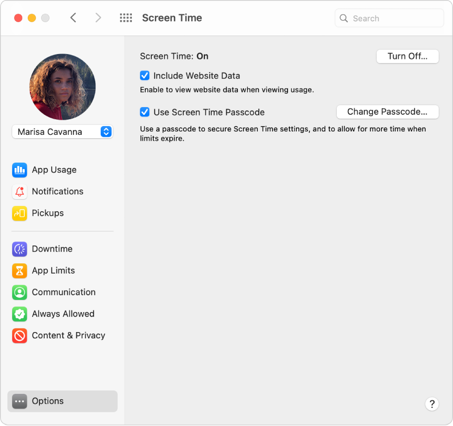 The Screen Time Options pane with Screen Time turned on. The Include Website Data and Use Screen Time Passcode options are selected.