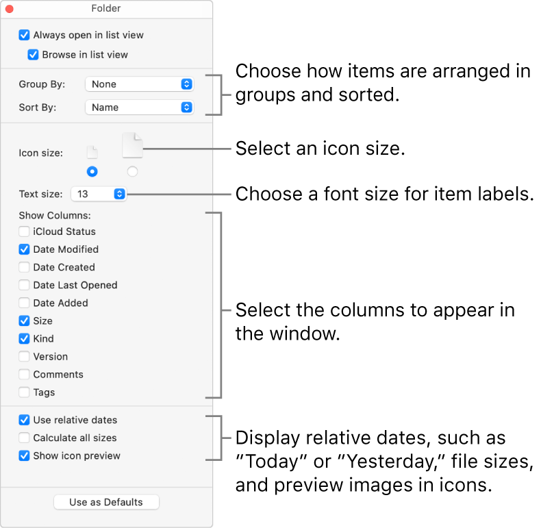 List view options for a folder.