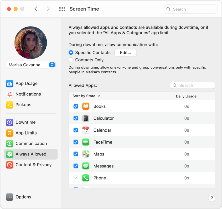 The Screen Time Always Allowed pane with downtime communication options selected and allowed apps sorted by state.