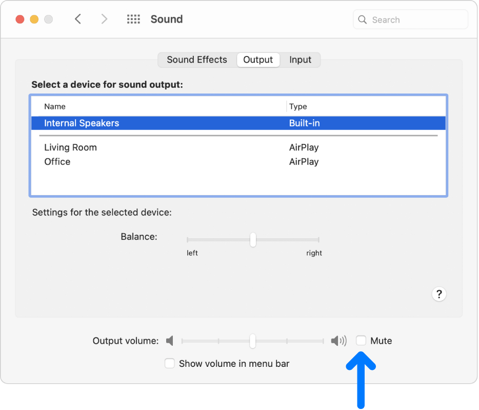 The Mute checkbox at the bottom of the Sound preferences pane.