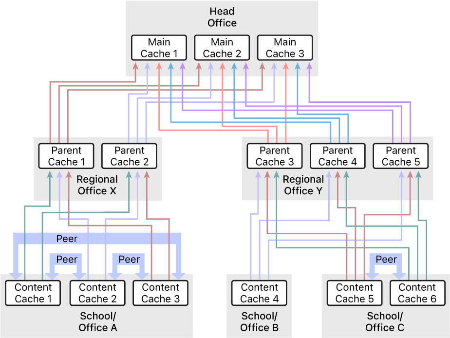 A network with numerous content caches, organized into a three-level hierarchy that has parent and grandparent content caches. Only the content caches at the lowest level of the hierarchy have peers defined.