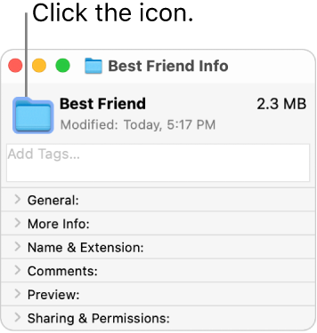 The Info window for a folder, showing the generic icon for the folder selected.