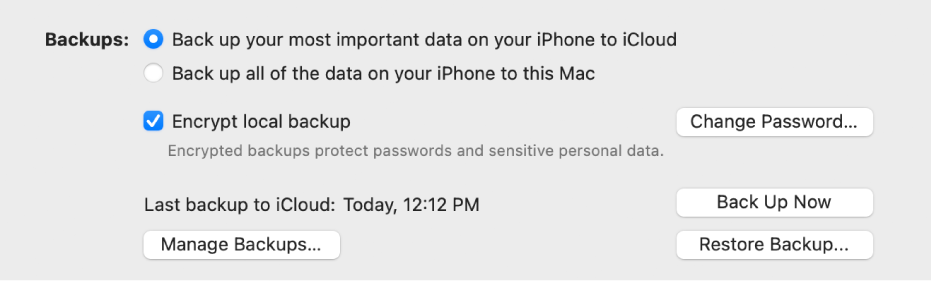 The options for backing up data from a device appear showing two buttons to select backing up to iCloud or onto the Mac, an “Encrypt local backup” checkbox for encrypting backup data, and additional buttons for managing backups, restoring from a backup, and starting a backup.