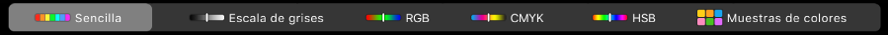 La Touch Bar mostrando modos de color, de izquierda a derecha, Sencillo, Escala de grises, RGB, CMYK, y HSB. Al extremo derecho está el botón Muestras.