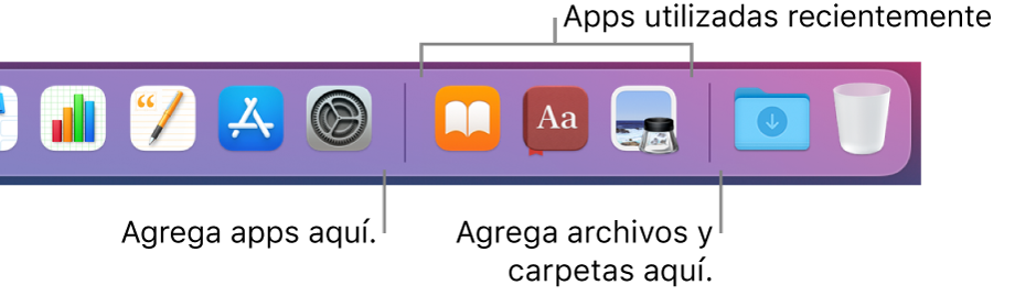 En el lado derecho del Dock se muestra la línea divisora a la derecha de la sección de apps utilizadas recientemente.