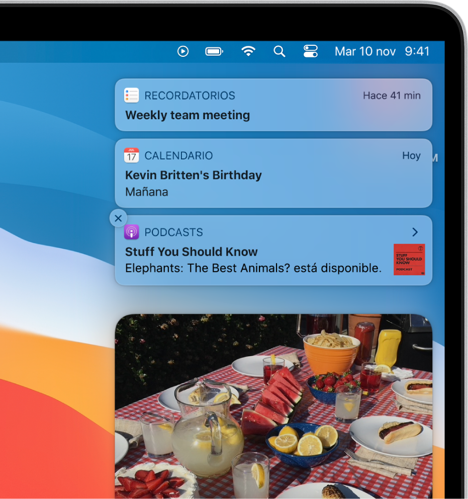 La esquina superior derecha del escritorio de la Mac, mostrando notificaciones y widgets de apps.