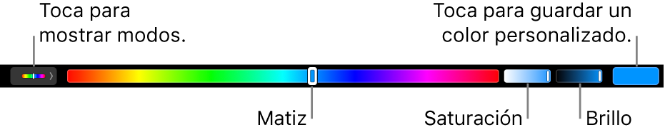 El Touch Bar mostrando los reguladores de matiz, saturación y brillo para el modo HSB. Al extremo izquierdo está el botón para mostrar todos los modos; a la derecha el botón para guardar un color personalizado.