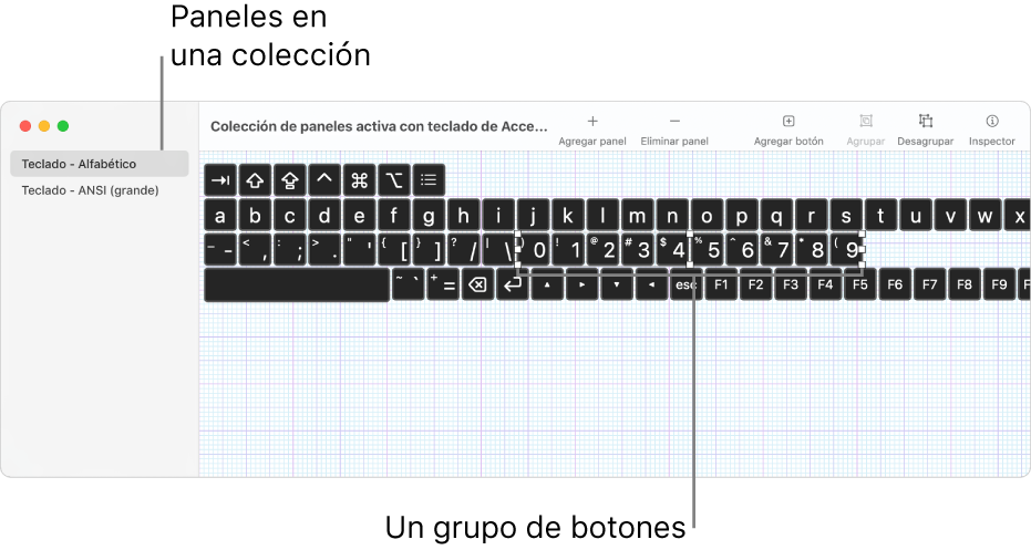 Una porción de una ventana de colecciones de paneles activa que muestra una lista de paneles de teclas a la izquierda y, a la derecha, botones y grupos contenidos en un panel.