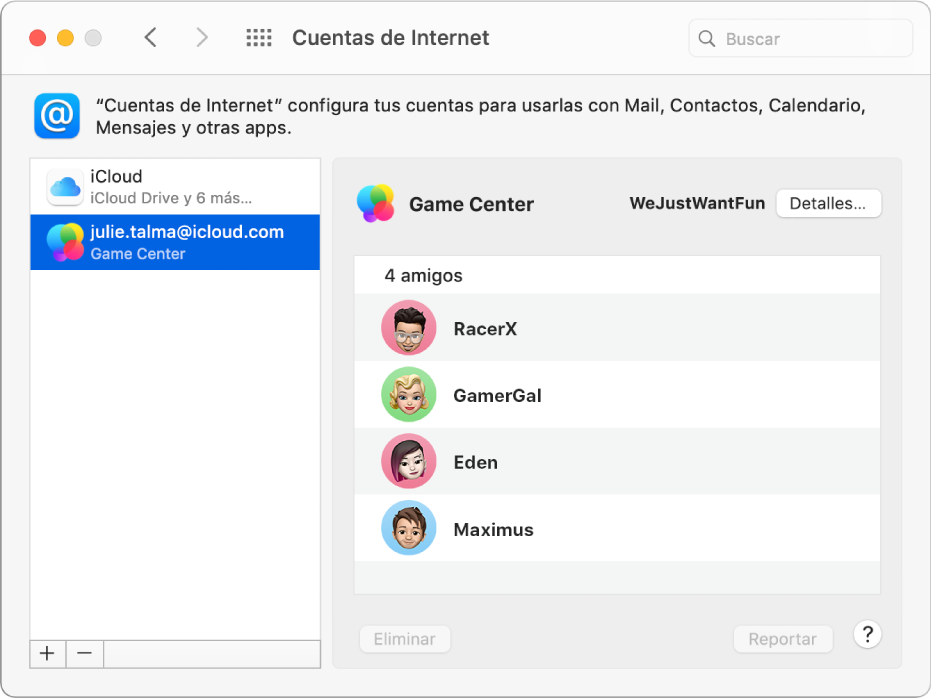 Una cuenta de Game Center seleccionada en Cuentas de Internet, con una lista de amigos de juegos a la derecha.