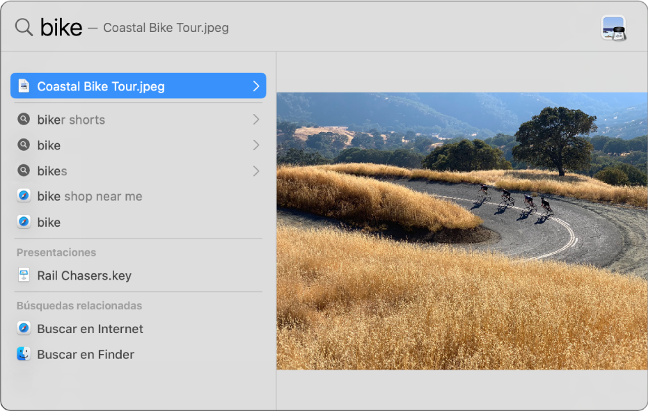 La ventana de Spotlight mostrando texto de búsqueda en el campo de búsqueda en la parte superior de la ventana, los resultados están debajo a la izquierda, y una vista previa de una de las principales coincidencias se muestra a la derecha.