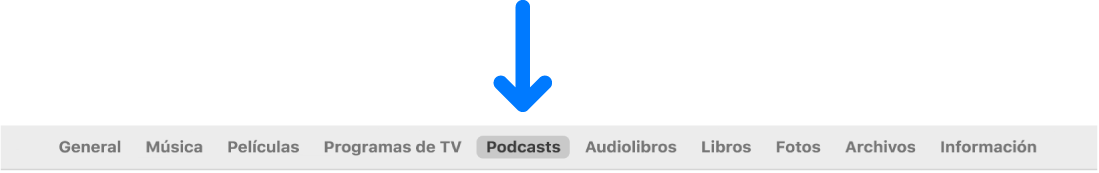 La barra de botones con la opción Podcasts seleccionada.