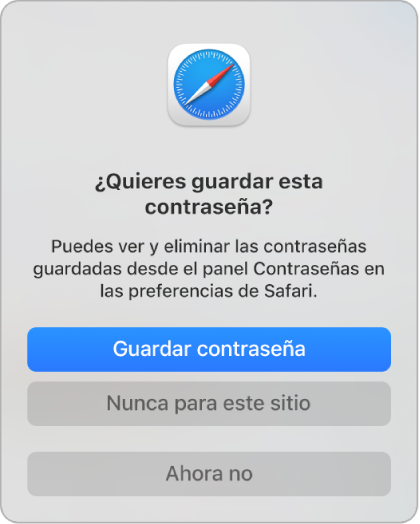 Un diálogo de Safari que pregunta si quieres guardar la contraseña para un sitio web.