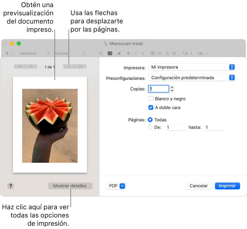 El cuadro de diálogo Imprimir muestra una vista previa del trabajo de impresión. Haz clic en el botón "Mostrar detalles" para ver todas las opciones de impresión.