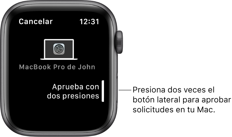 Apple Watch mostrando una solicitud de aprobación de una MacBook Pro.
