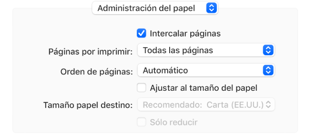 La opción “Administración del papel” seleccionada en el menú desplegable “Opciones de impresión” y mostrando el menú desplegable “Orden de páginas” para cambiar el orden de las páginas.