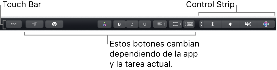 Touch Bar en la parte superior del teclado, mostrando en la izquierda botones que varían según la app o la tarea y, en la derecha, la Control Strip contraída.