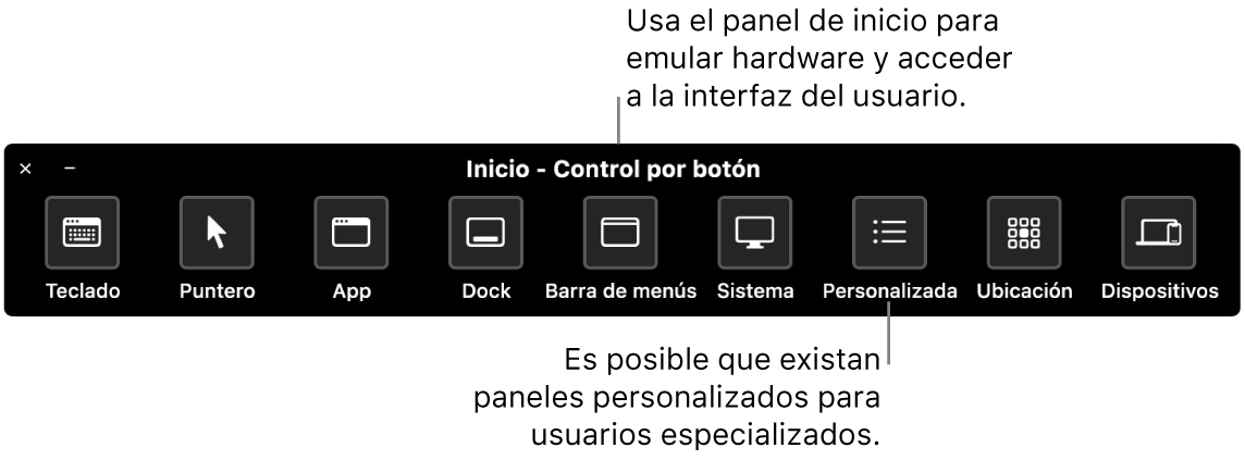 El panel Inicio de Control por botón brinda botones para controlar, de izquierda a derecha, el teclado, el puntero, apps, el Dock, la barra de menús, los controles del sistema, los paneles personalizados, la ubicación de la pantalla y otros dispositivos.