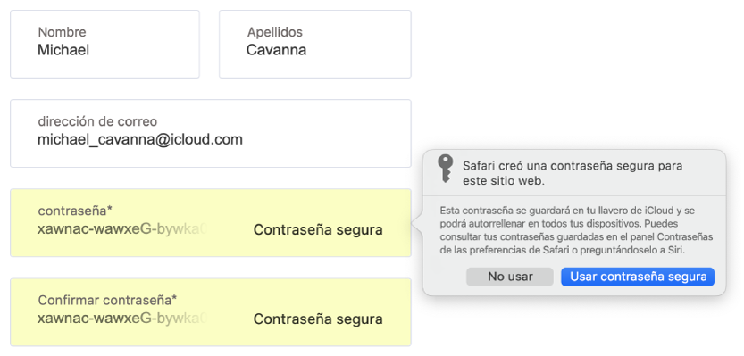 Un diálogo mostrando que Safari creó una contraseña segura para un sitio web y que se guardará en el llavero de iCloud y que estará disponible en Autorrelleno en los dispositivos del usuario.