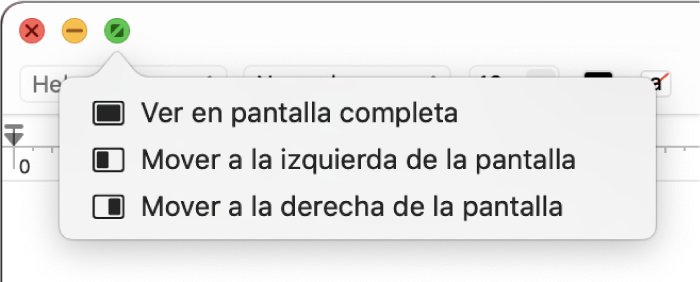 El menú que aparece cuando mueves el puntero sobre el botón verde disponible en la esquina superior izquierda de la ventana. Los comandos del menú incluyen, en orden descendente: "Ver en pantalla completa", "Mover a la izquierda de la pantalla, Mover a la derecha de la pantalla".