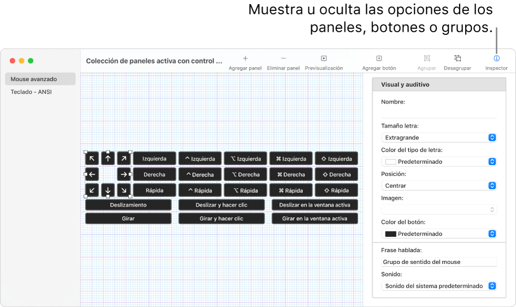 Una ventana de colecciones de paneles que muestra el botón Inspector en la parte derecha de la barra de herramientas para configurar opciones para los paneles, botones y grupos.