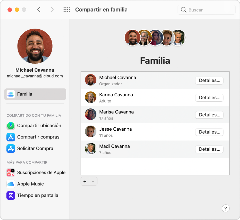 El panel de preferencias "Compartir en familia" mostrando una barra lateral de distintos tipos de opciones de cuenta que puedes usar y las preferencias de Familia de una cuenta existente.