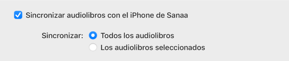 La casilla "Sincronizar audiolibros con dispositivo" aparece con la casilla "Todos los audiolibros" seleccionada y la casilla "Seleccionar audiolibros" sin seleccionar.
