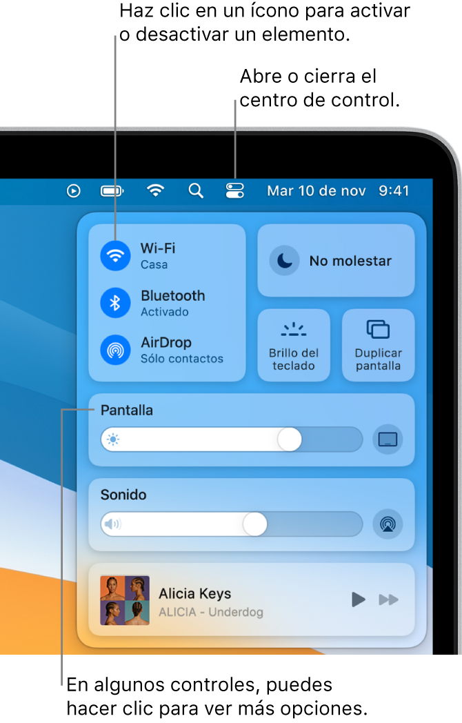 El centro de control está en la porción superior derecha de la pantalla, y muestra los controles de Wi-Fi, No molestar, Sonido y Ahora suena, entre otros.