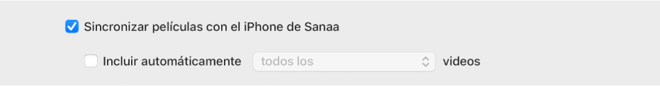 La casilla "Sincronizar películas con dispositivo" aparece con la casilla "Incluir automáticamente" seleccionada. En un menú desplegable se muestra la opción "todo".