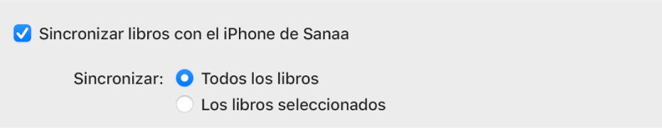 La casilla "Sincronizar libros con dispositivo" aparece con la casilla "Todos los libros" seleccionada y la casilla "Seleccionar libros" sin seleccionar.