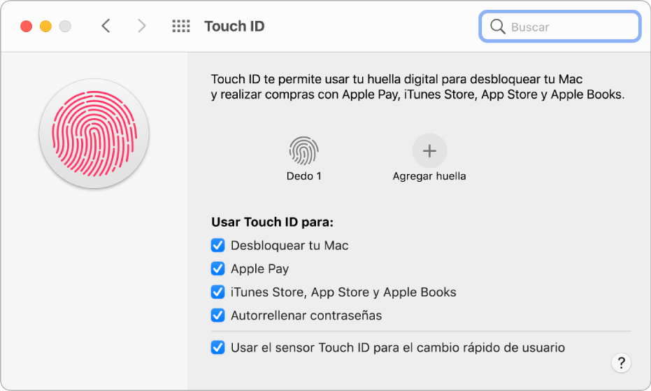 El panel de preferencias Touch ID mostrando una huella digital lista para usarse para desbloquear la Mac.