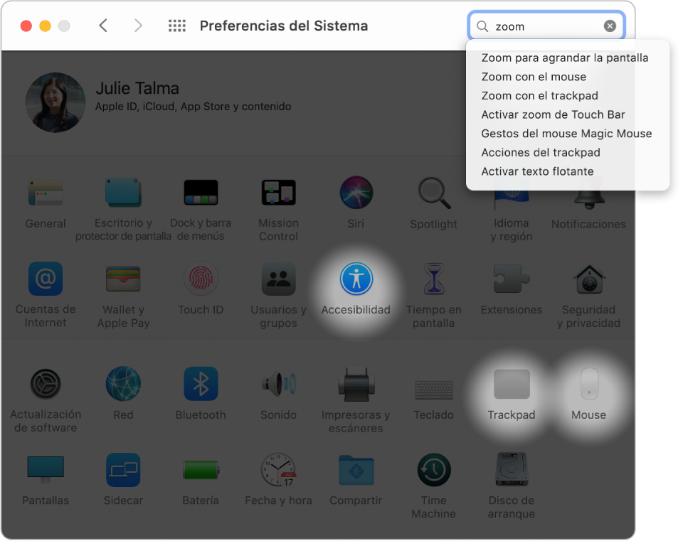 La ventana de Preferencias del Sistema con la palabra “zoom” en el campo de búsqueda, una lista de resultados coincidentes debajo del campo de búsqueda, y tres íconos de preferencias resaltados.
