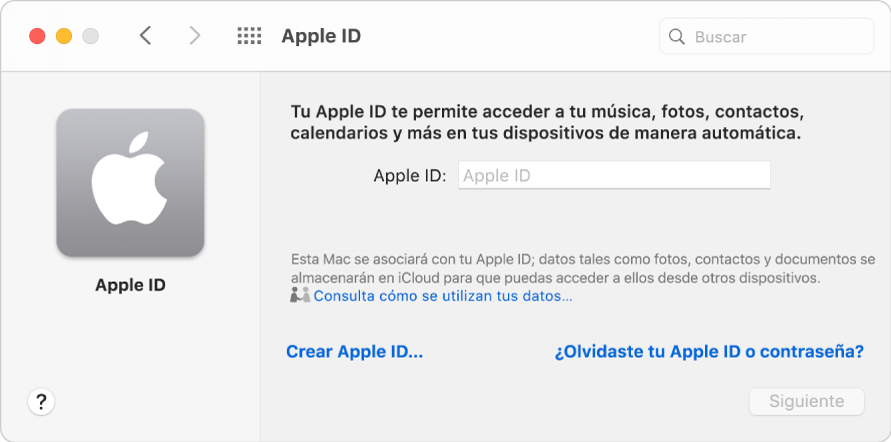 Cuadro de diálogo de Apple ID listo para que el usuario ingrese un Apple ID. El enlace "Crear Apple ID" te permite crear un Apple ID nuevo.