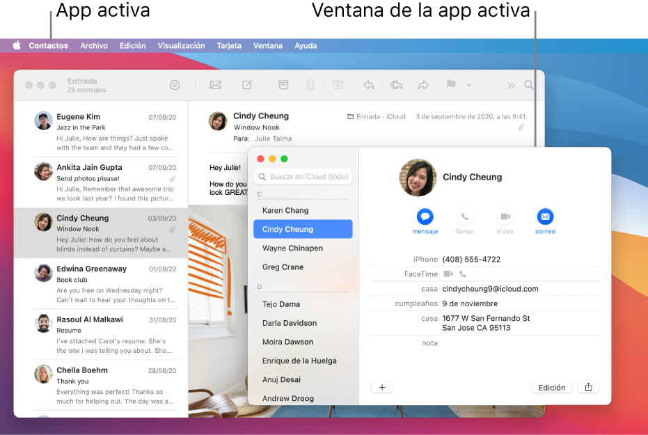 Un ejemplo de un escritorio con varias ventanas abiertas, pero sólo una app activa.