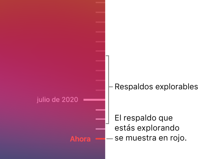 Marcas de verificación en la línea del tiempo de los respaldos. La marca rojo indica el respaldo que estás explorando.