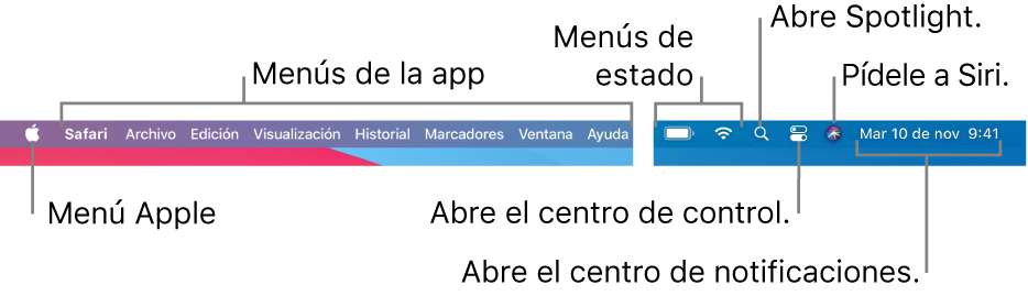 La barra de menús. En la izquierda está el menú Apple y los menús de las apps. A la derecha están los menús de estado, Spotlight, centro de control, Siri y centro de notificaciones.