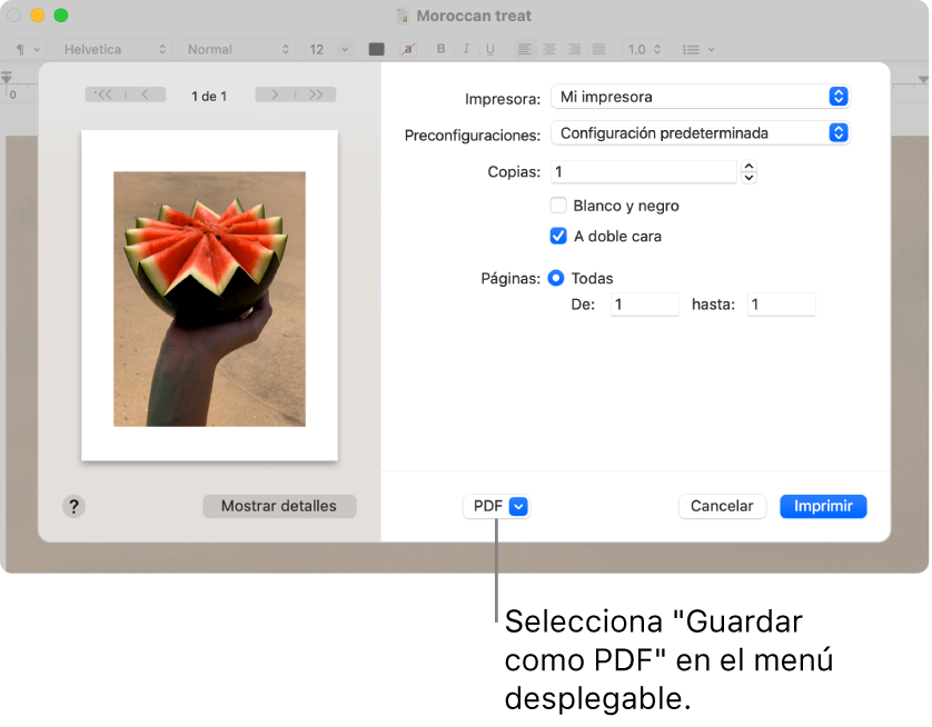 Haz clic en el menú desplegable PDF y selecciona "Guardar como PDF".