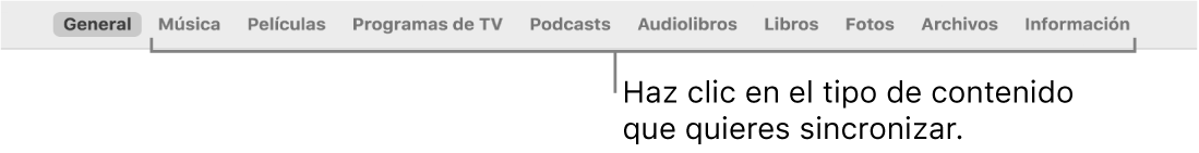 La barra de botones mostrando el botón General y los botones para contenido, como música, películas, programas de TV y más.