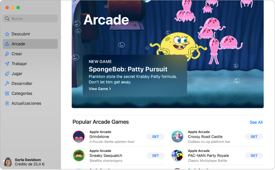 La página principal de Apple Arcade. Un popular juego se muestra en el panel de la derecha, con otros juegos disponibles debajo.