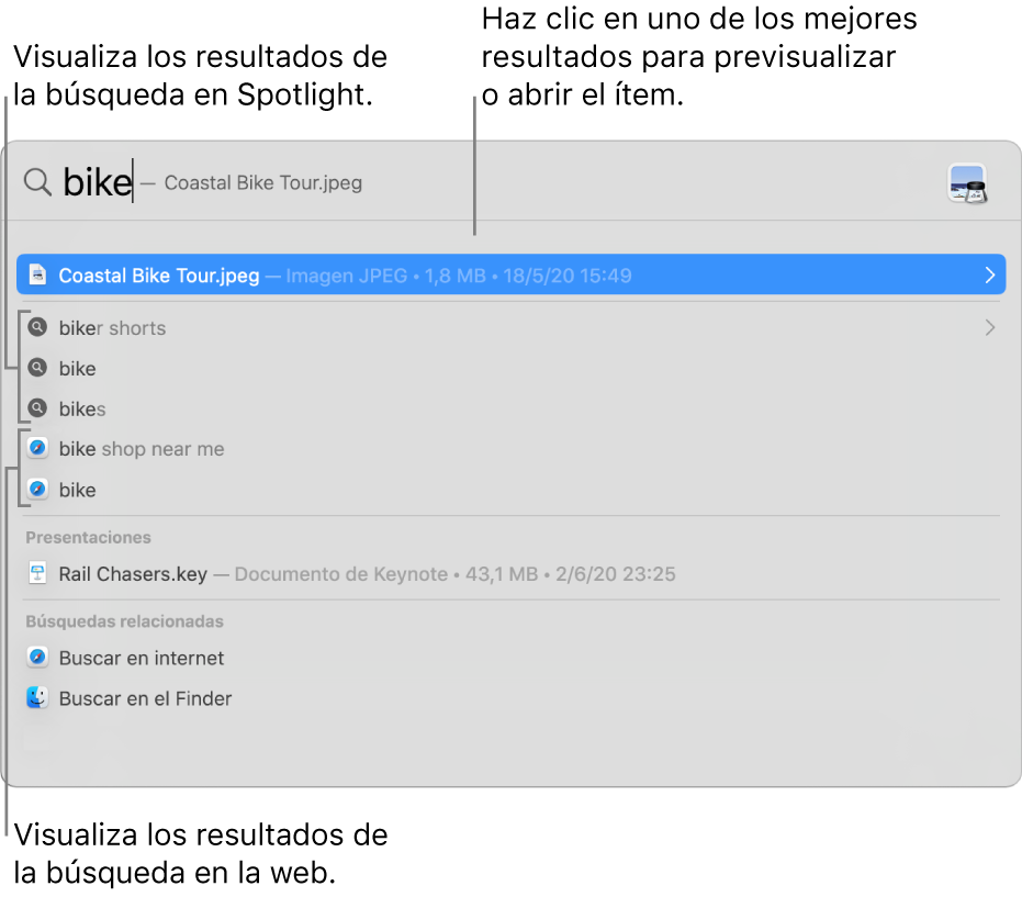 La ventana de Spotlight, con el texto de búsqueda en el campo de búsqueda en la parte superior de la ventana y los resultados debajo.