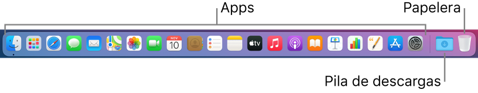 Dock que muestra iconos de apps, la pila Descargas y la Papelera.