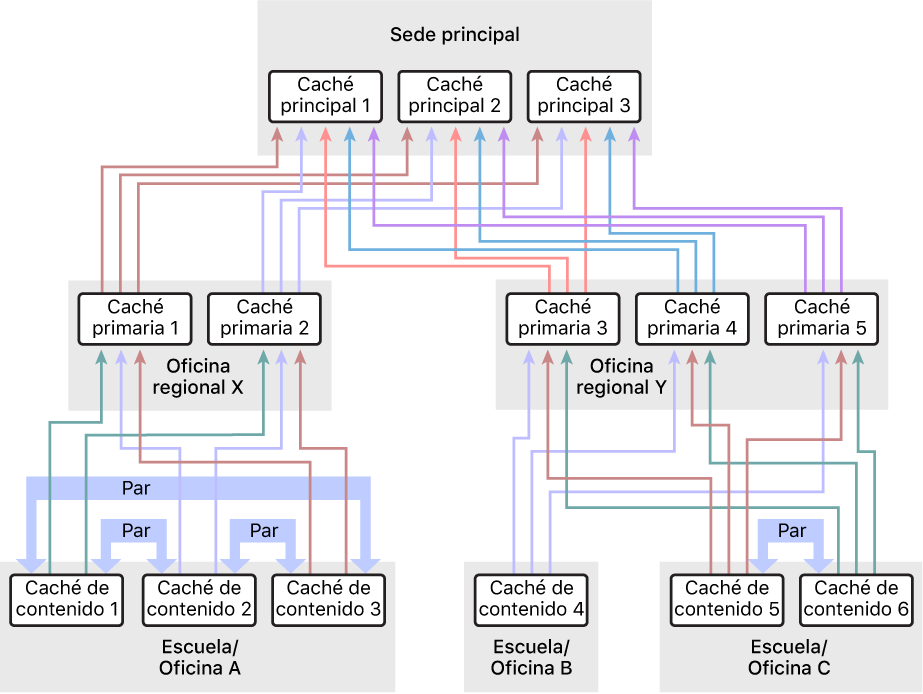 Una red con numerosas cachés de contenido, organizada en una jerarquía de tres niveles con cachés de contenido principal y principal de principal. Solo las cachés de contenido del nivel más bajo de la jerarquía tienen pares definidas.