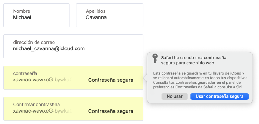 Un cuadro de diálogo que muestra que Safari ha creado una contraseña segura para un sitio web y que indica que se guardará en el llavero de iCloud del usuario y estará disponible para Autorrellenar en los dispositivos del usuario.