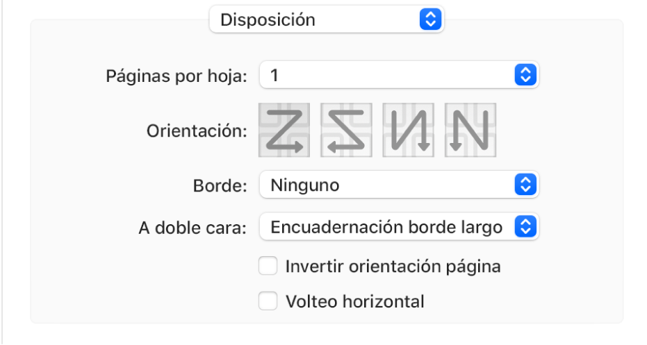 La opción Disposición elegida en el menú desplegable de opciones de impresión, con la casilla “Invertir orientación de la página”.