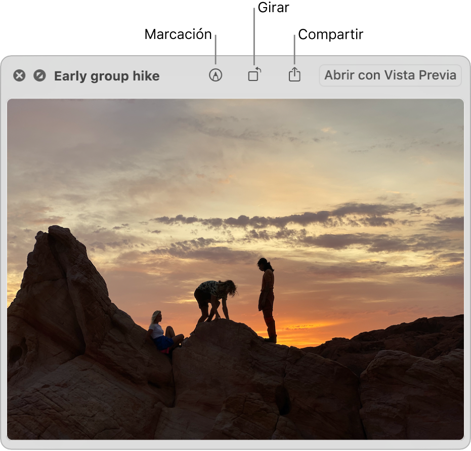 Una imagen de la ventana de “Vista rápida” con botones para marcar, rotar o compartir la imagen, o bien abrirla en la app Vista Previa.